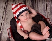 4th of July Patriotic Long Tail  Elf Hat Newborn Photography Prop American Flag Hat