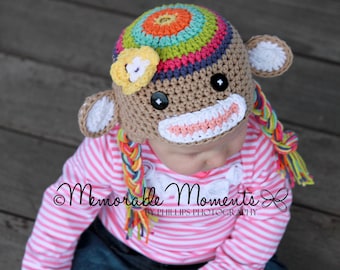 Crochet Rainbow Colorful Sock  Monkey Hat  Newborn to Toddler sizing  Photography prop