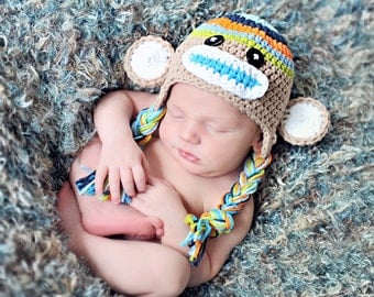 Sock Monkey Hat Crochet Sock Monkey Hat Newborn to Toddler sizing  Photography prop