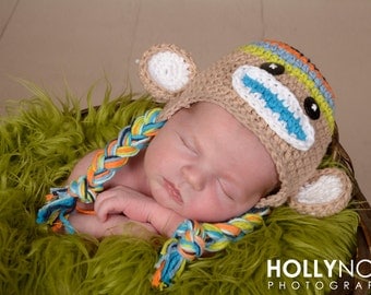 Crochet Boys Stripe Sock  Monkey Hat  Newborn to Toddler sizing  Photography prop
