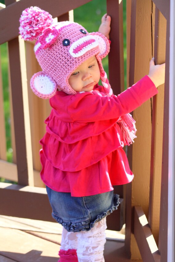 Crochet Pink Sock  Monkey Hat  Newborn to Toddler sizing  Photography prop