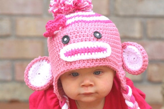 Crochet Pink Sock  Monkey Hat  Newborn to Toddler sizing  Photography prop