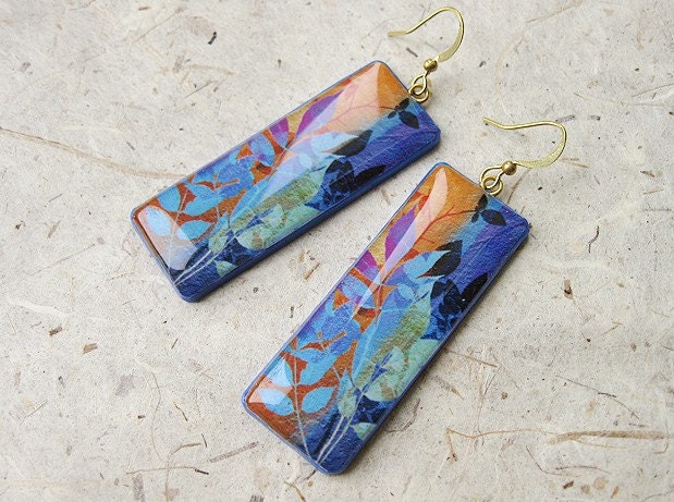Floral ornaments blue clay earrings