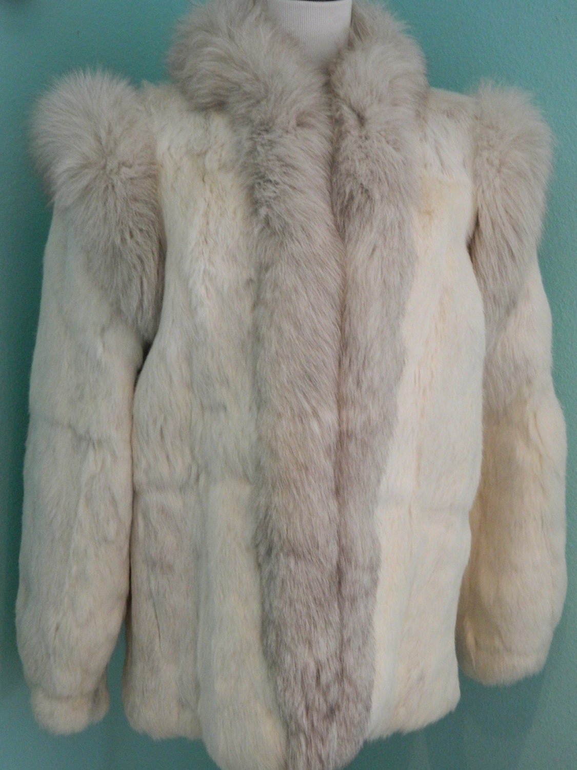 vintage 1970s SNOW white, grey hawk, PUFF RABBIT fur coat