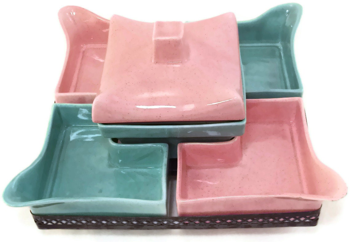 SALE 20% OFF Vintage California Pottery Pink and Aqua Revolving Chip N Dip