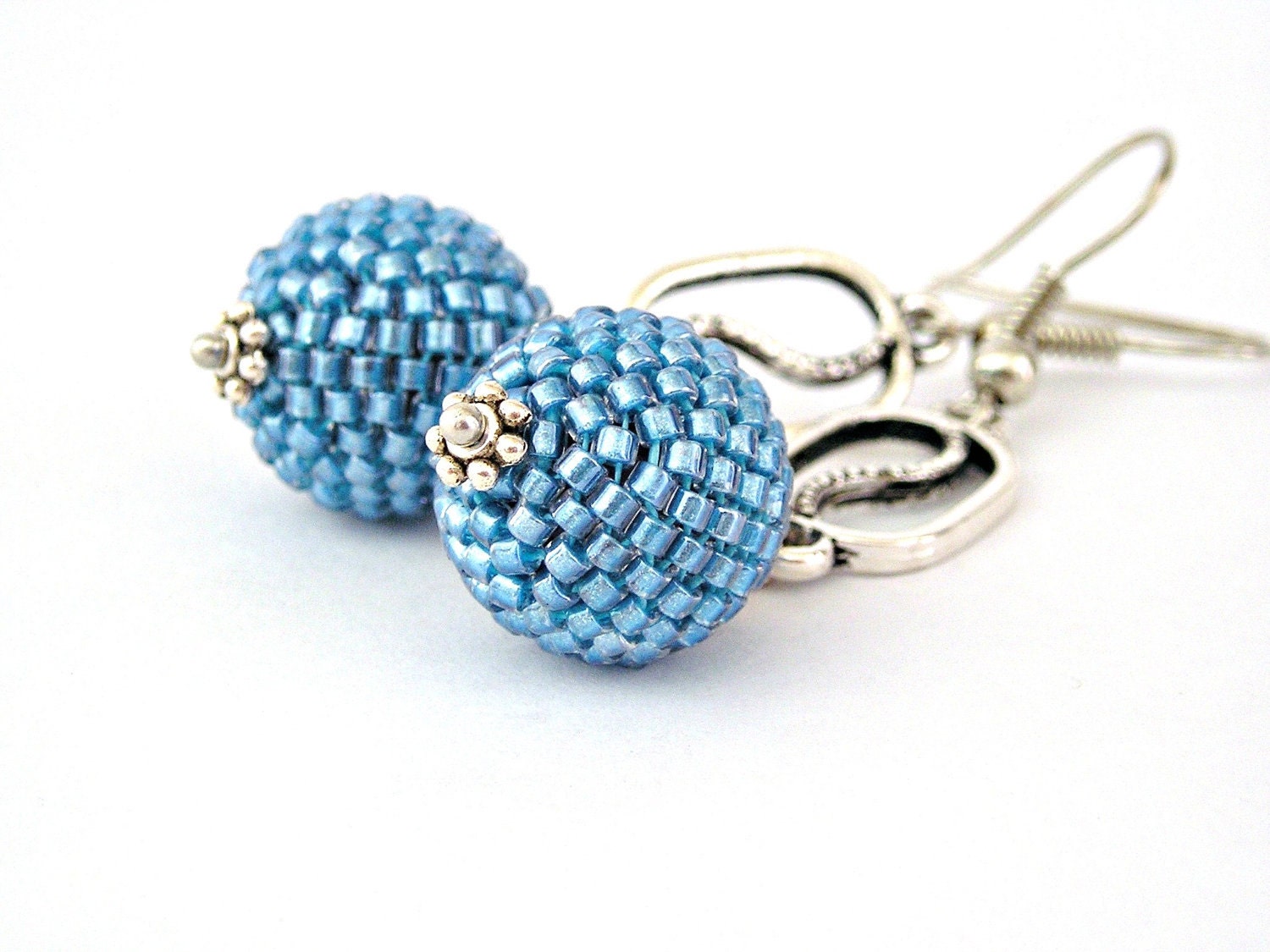Sparkle aquamarine blue beaded beads filigree silver earrings