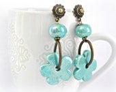Watercolor finish teal ceramic flower and bead brass vintage style earrings