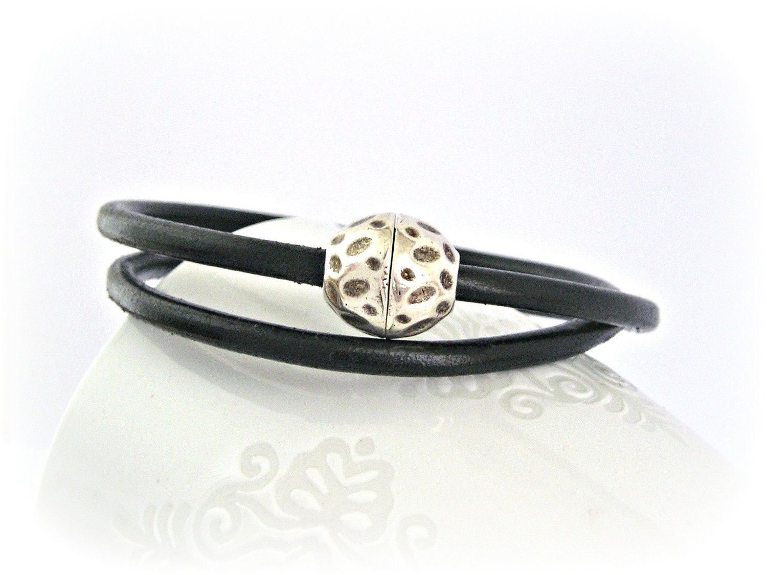 Black double wrapped leather bracelet with magnetic nut clasp