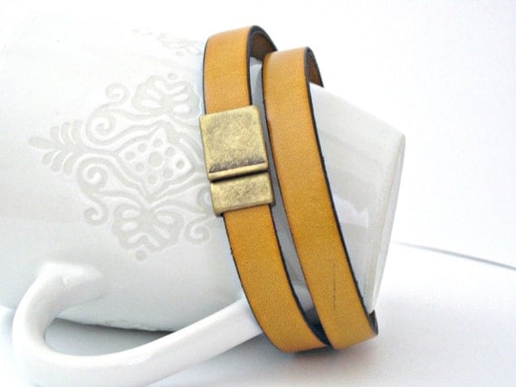 Solar power yellow color leather bracelet double wrapped with magnetic clasp brass color