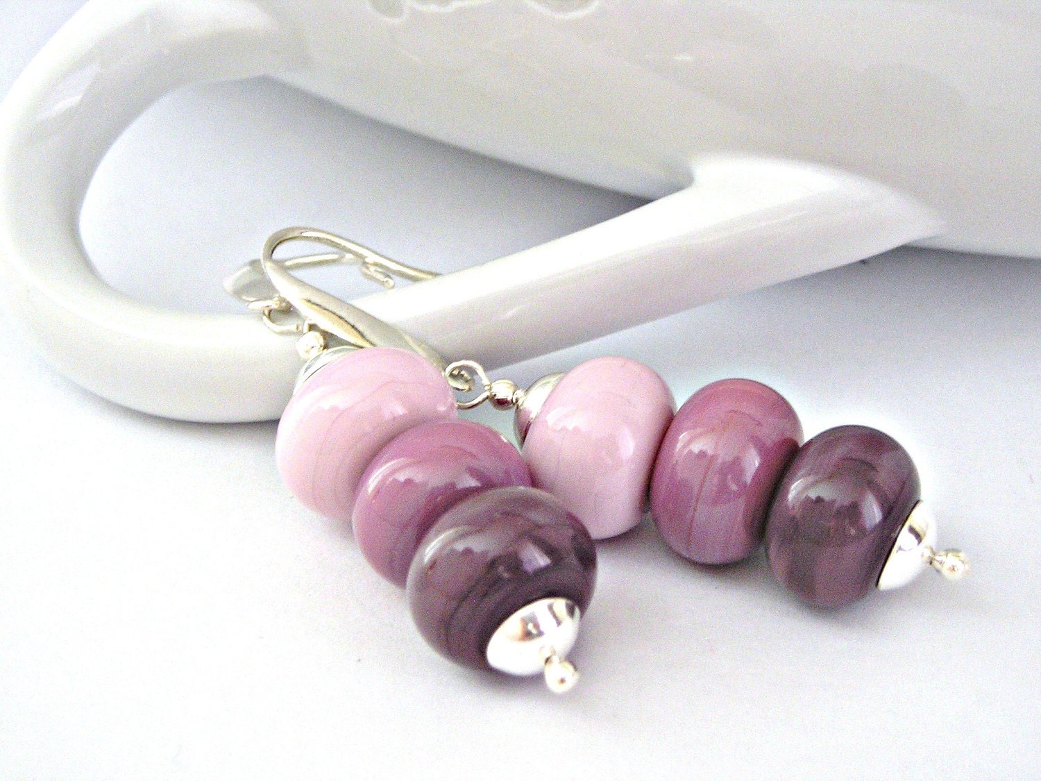Dusty pink to orchid mauve lampwork beads sterling silver earrings