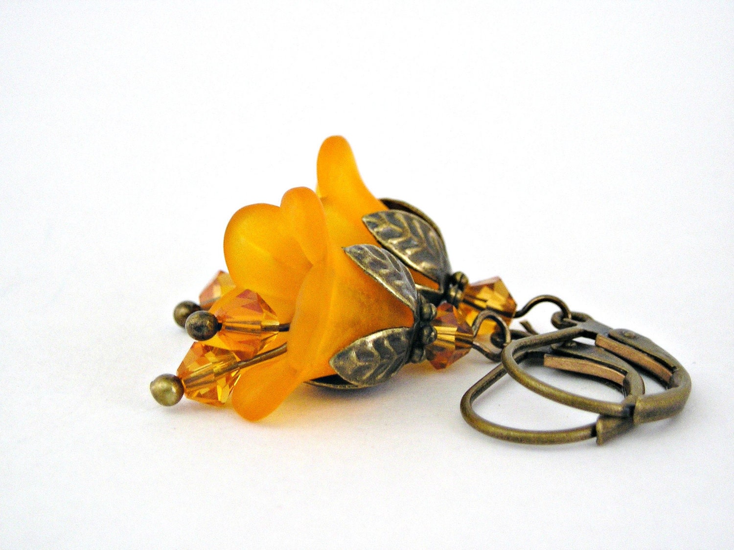 Orange bell flowers brass vintage style earrings