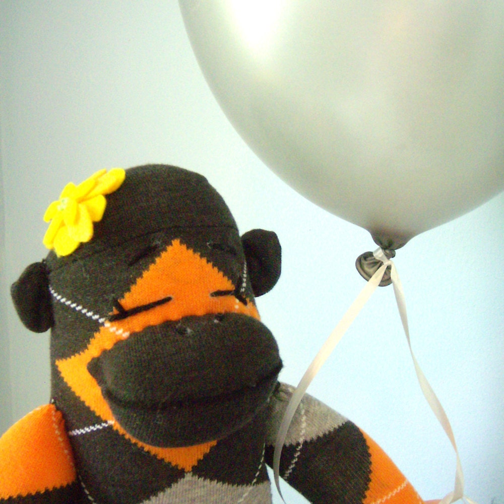 Argyle Sock Monkey Doll, plush - handmade, Girl, Children's Toy, Stuffed Animal, Grey, Orange