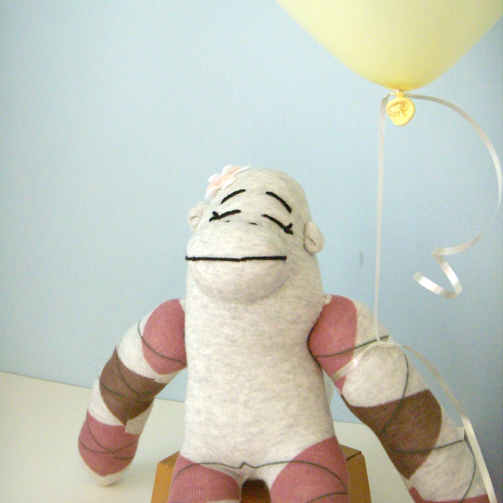Argyle Sock Monkey Doll - Girl, Children's Toy, Stuffed Animal, pale gray, lavender
