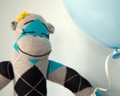Argyle Sock Monkey Doll - Girl, Stuffed Animal, Children's Toy, Teal, Black, Gray