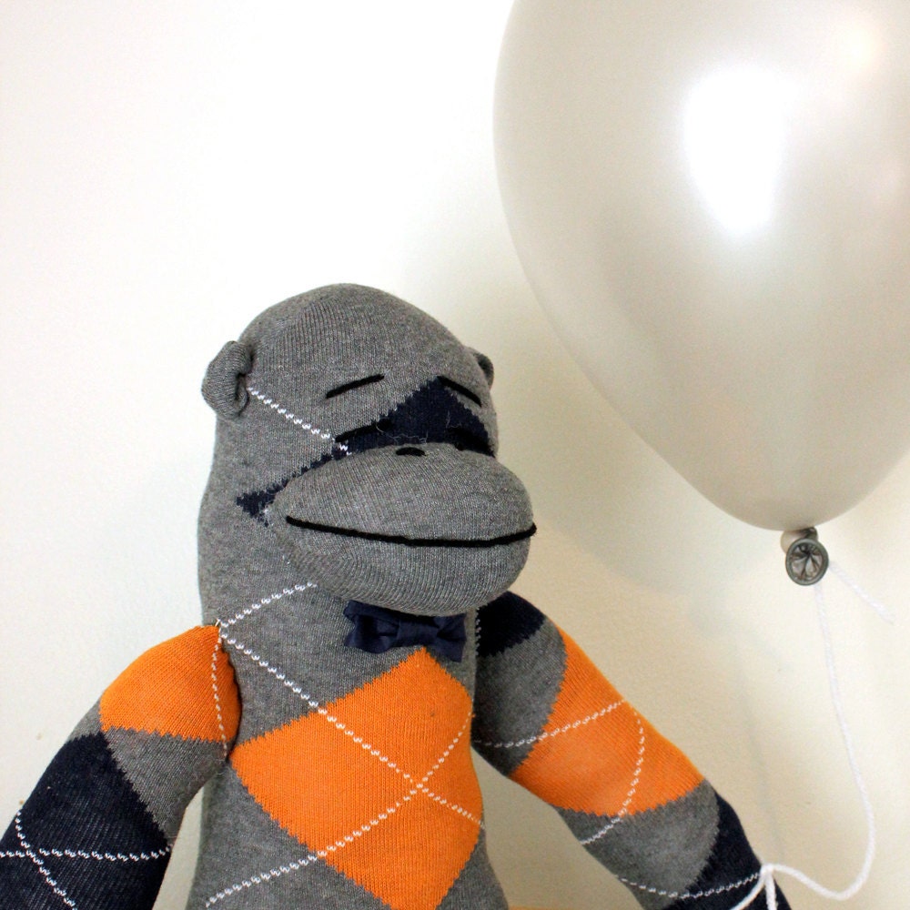 Argyle Sock Monkey Plush - Handmade, Children's Toy, Stuffed Animal, Gray, Orange, Navy
