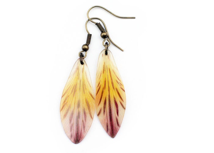 Tiger Lily Earrings - antiqued brass - real flower petals - Red, orange and yellow - resin flower earrings