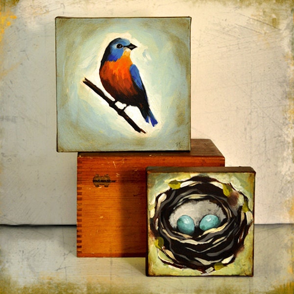 Original Bird Painting - 8 x 8 Inch Betty Bluebird -- Shabby Chic - Vintage Look - By Nancy Jean