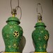 Vintage Pair of Retro Green and Yellow Flower Ceramic Lamps