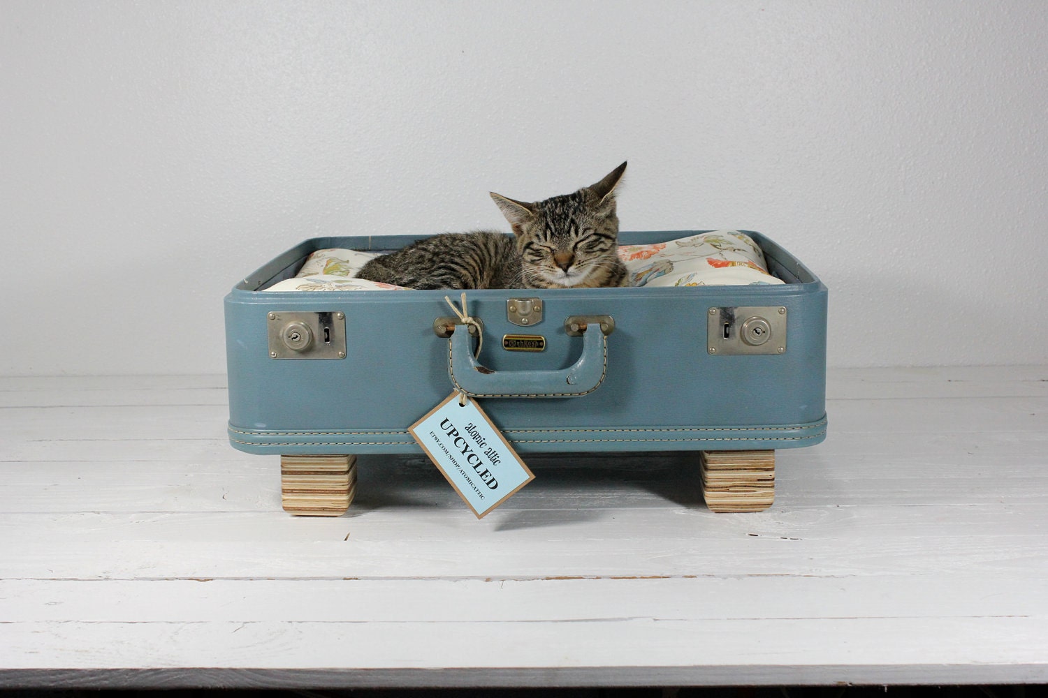 Upcycled Suitcase Pet Bed in Blue