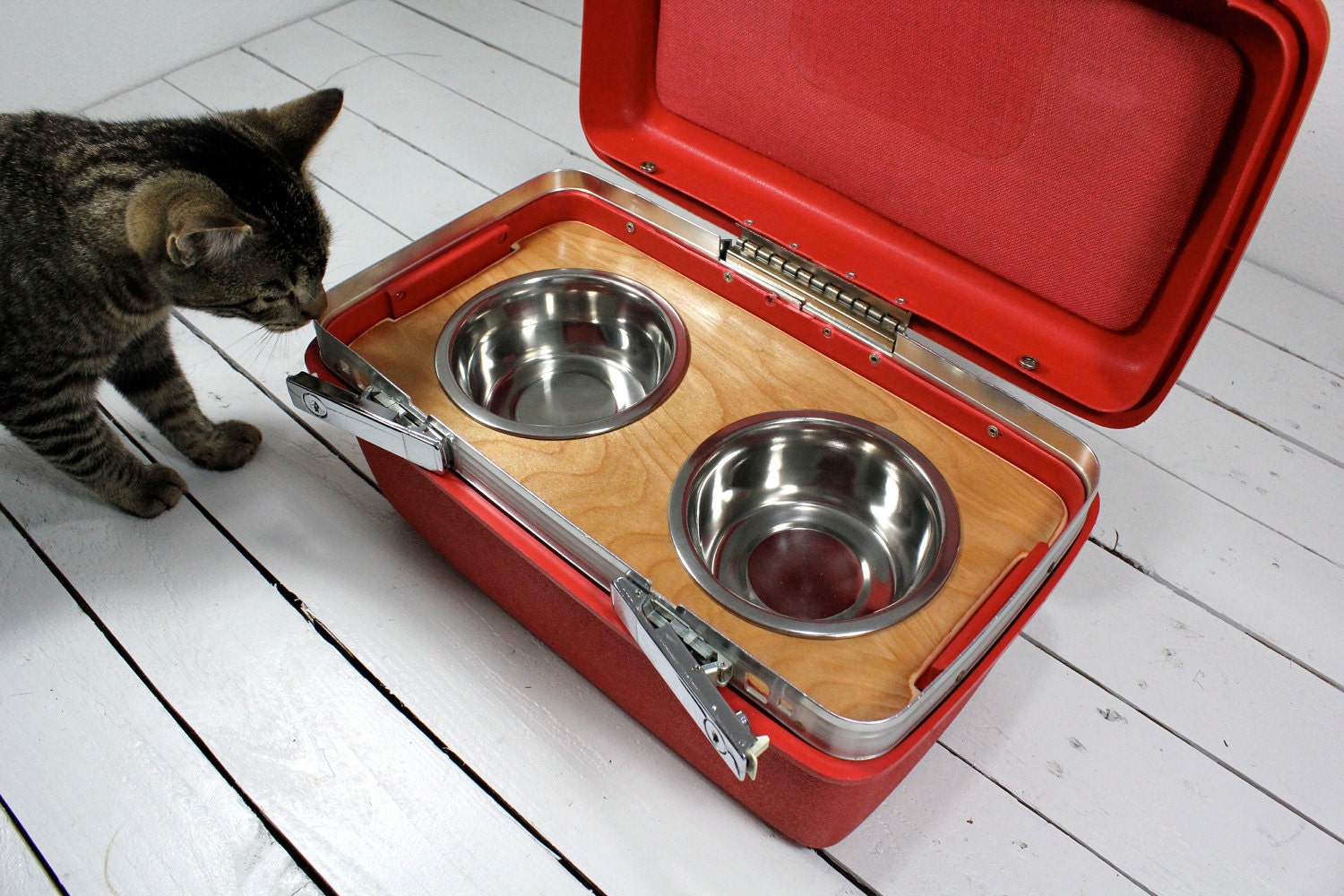 Upcycled Vintage Train Case Pet Feeder