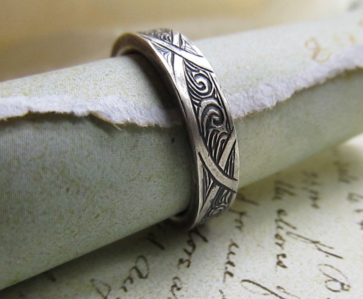 Engraved White Gold Ring, 14k with Waves and Arches, Men's Band, Unisex, Wedding, Celtic, Groom's Ring... 5mm
