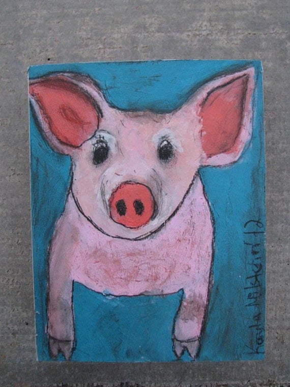 original little pink pig folk art painting on box