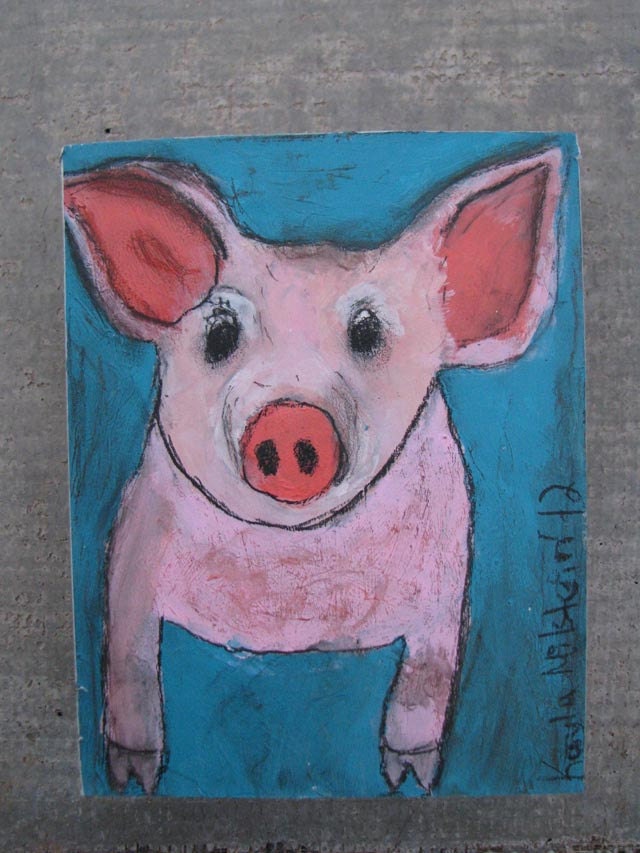 original little pink pig folk art painting on box