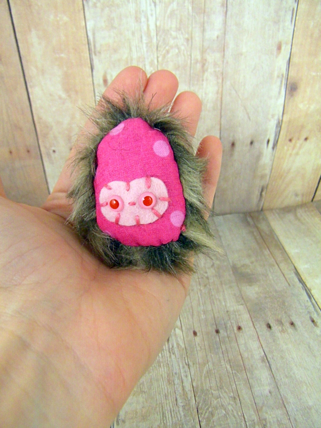 Lulubean the plush monster miniature hot pink neon polkadot and brown Boogah-bean.