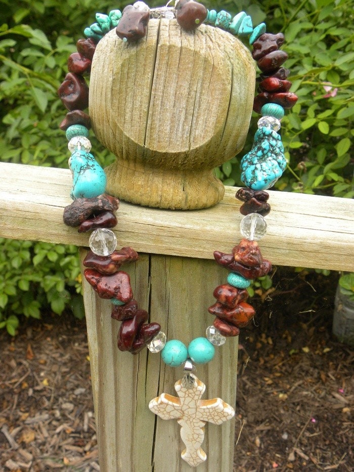 Western  Cross Magnesite Necklace  Brown White