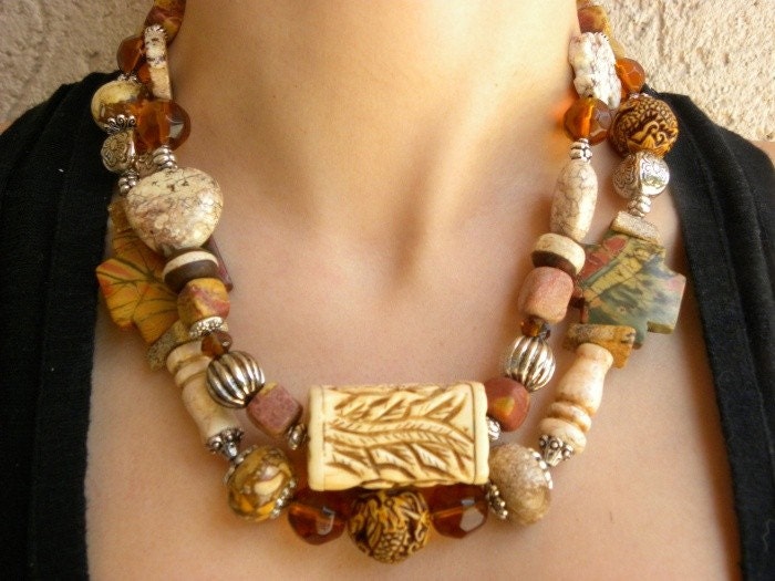 Chunky Tan Brown Magnesite Turquoise and Jasper Two Strand Necklace Set
