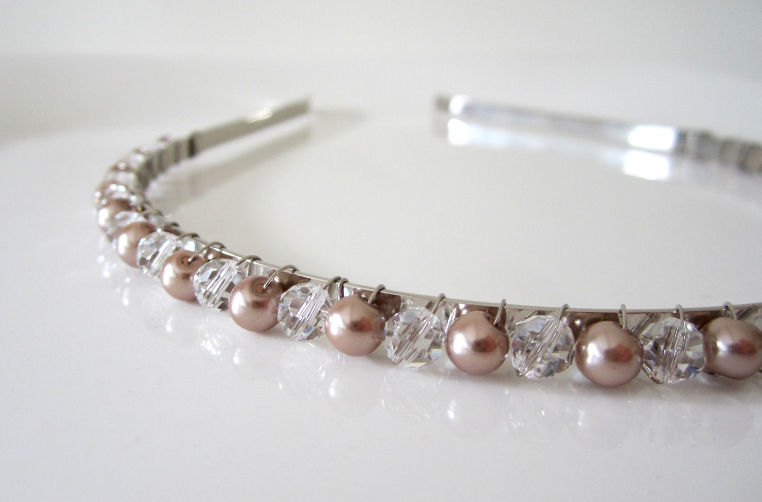 Taupe Pearl Headband with Swarovski Crystals -- Serena