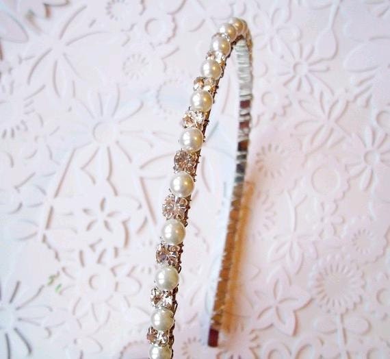 Narrow Bridal Headband Pearls Rhinestones --White or Ivory -- Cori