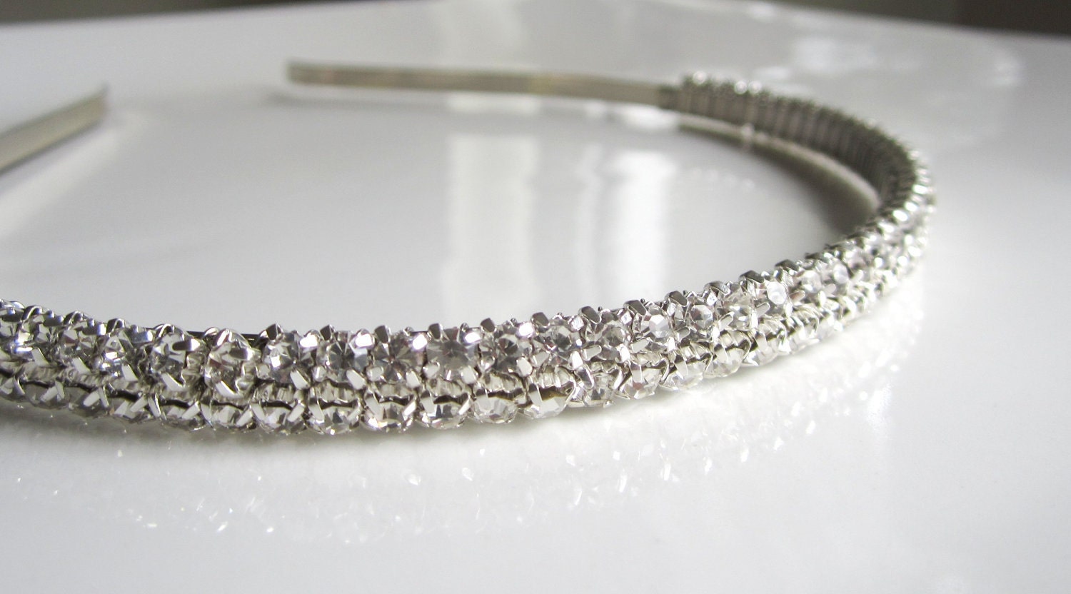 Bridal Headband Narrow Diamond Look Studded Double Row Rhinestones Super Sparkly