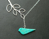 Bird Necklace, Silver Lariat Leaf Branch Necklace, Bird Jewelry, Teal bird necklace, Bridesmaid Necklace, Birthday Gift, Mother's Jewelry