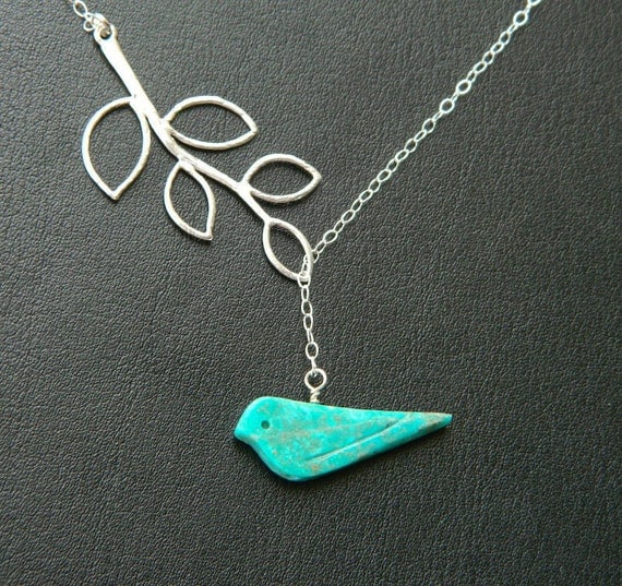Bird Necklace, Silver Lariat Leaf Branch Necklace, Bird Jewelry, Teal bird necklace, Bridesmaid Necklace, Birthday Gift, Mother's Jewelry