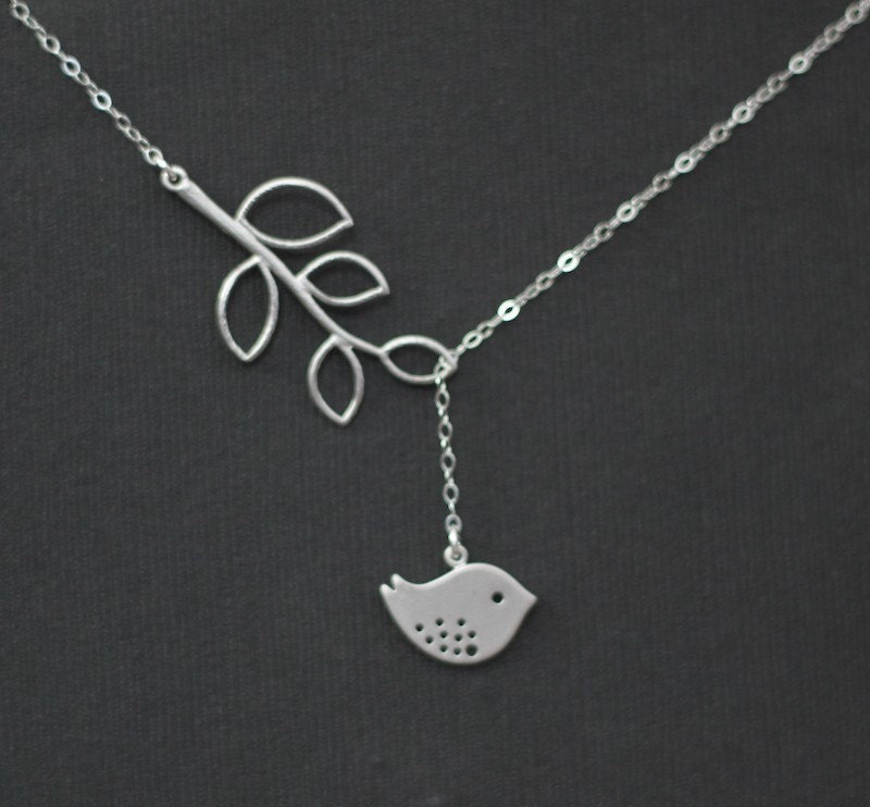 Bird Charm Necklace, Silver Lariat Necklace, Leaf Branch, Bird Jewelry, Sparrow Charm, Birthday Gift, Everyday Wear, Mothers Jewelry