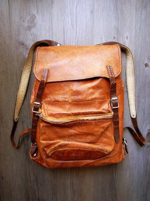 Vintage Leather Backpack bag Switzerland climber antique wool