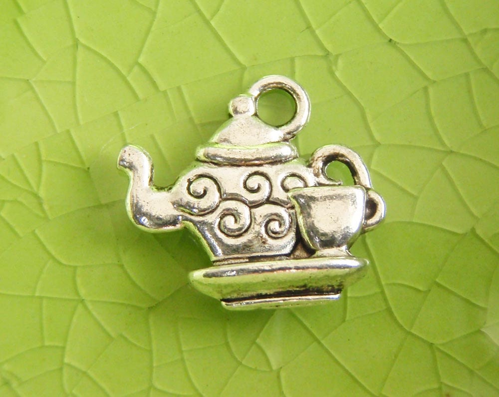 20 silver teapot tea set charms pendants Alice in Wonderland party date cup pot saucer bag double-sided 15mm x 14mm - C0813-20