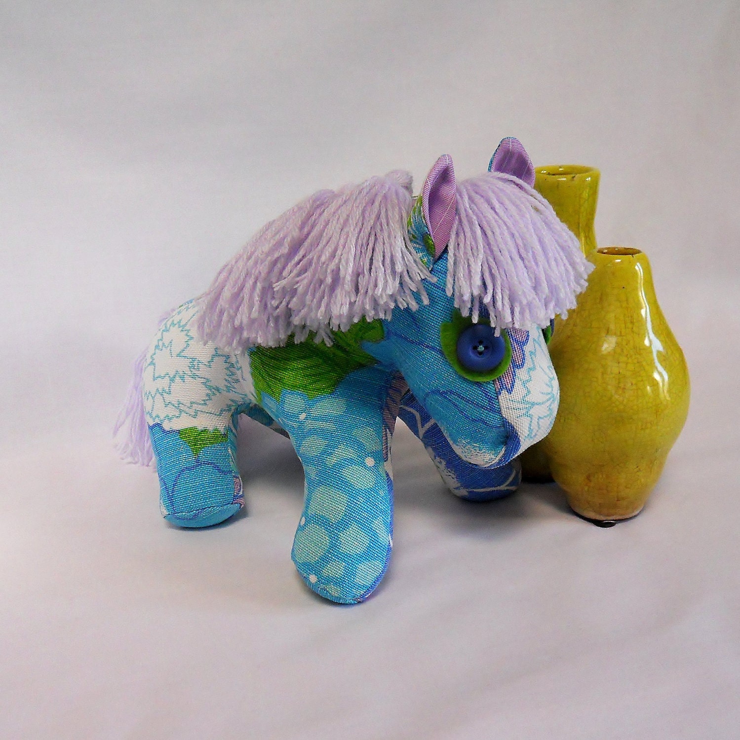 Retro Pony a horse crafted from 70s Floral Vintage fabric  - Blue / Lime/Lilac