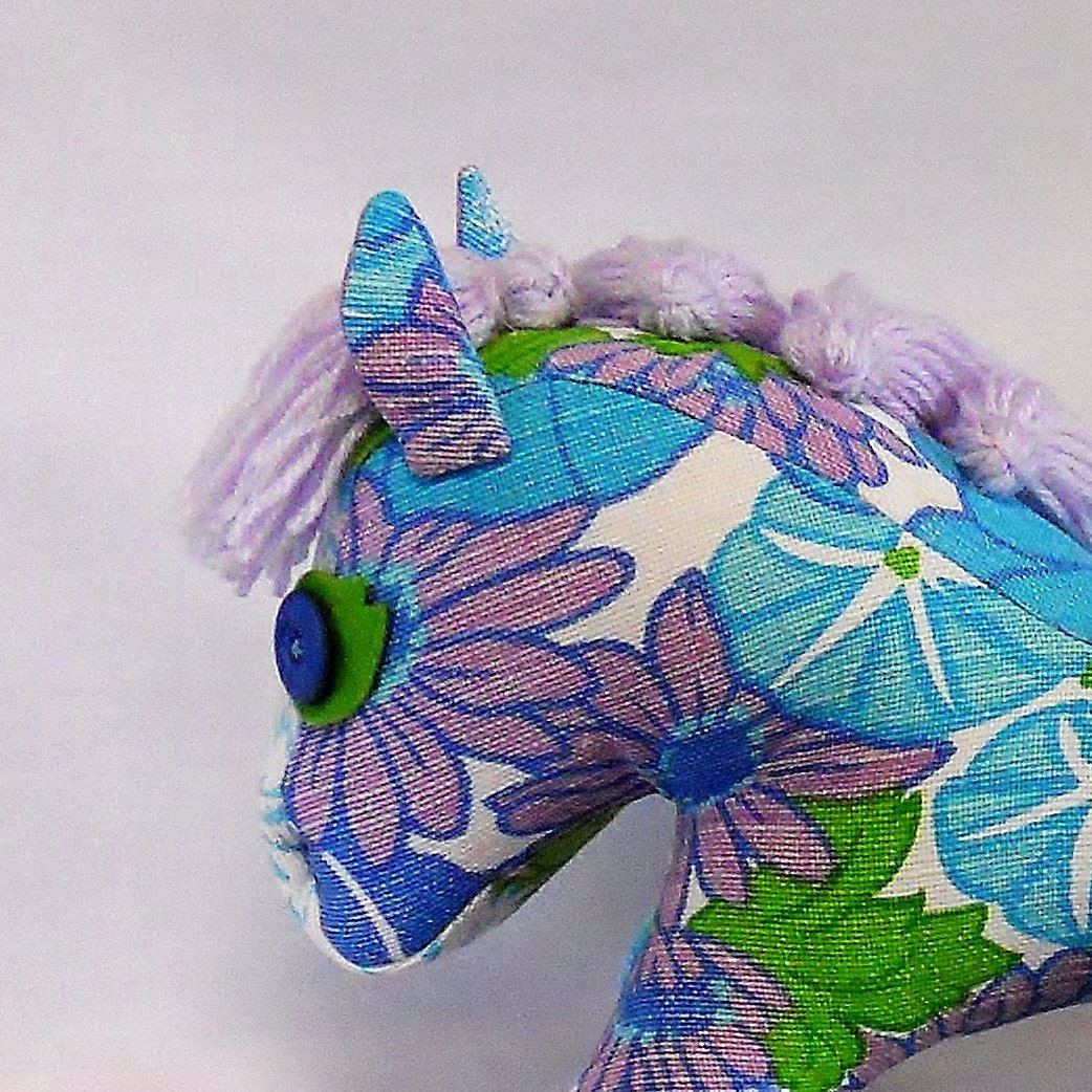 Retro Pony a horse crafted from 70s Floral Vintage fabric  - Blue / Lime/Lilac