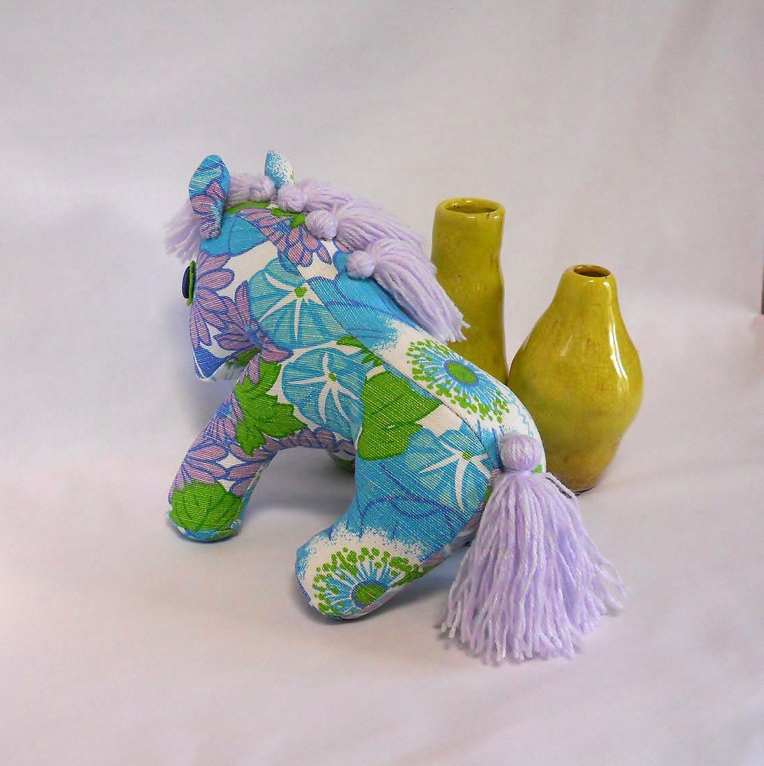 Retro Pony a horse crafted from 70s Floral Vintage fabric  - Blue / Lime/Lilac