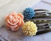 Floral hair pins - Three shabby chic inspired hair pins in creamy beige, slate blue and soft pink