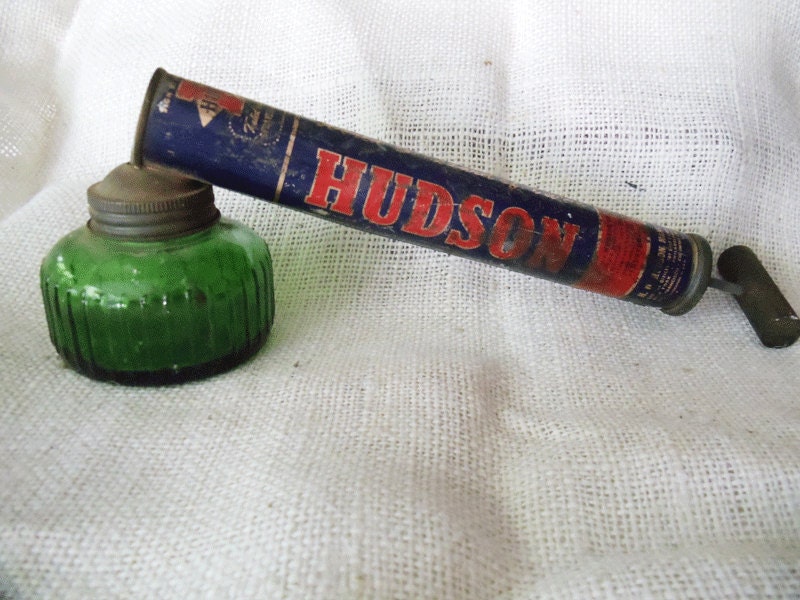 Vintage Hudson Bug Sprayer - Green Depression Glass Bottle - Gardener's Delight