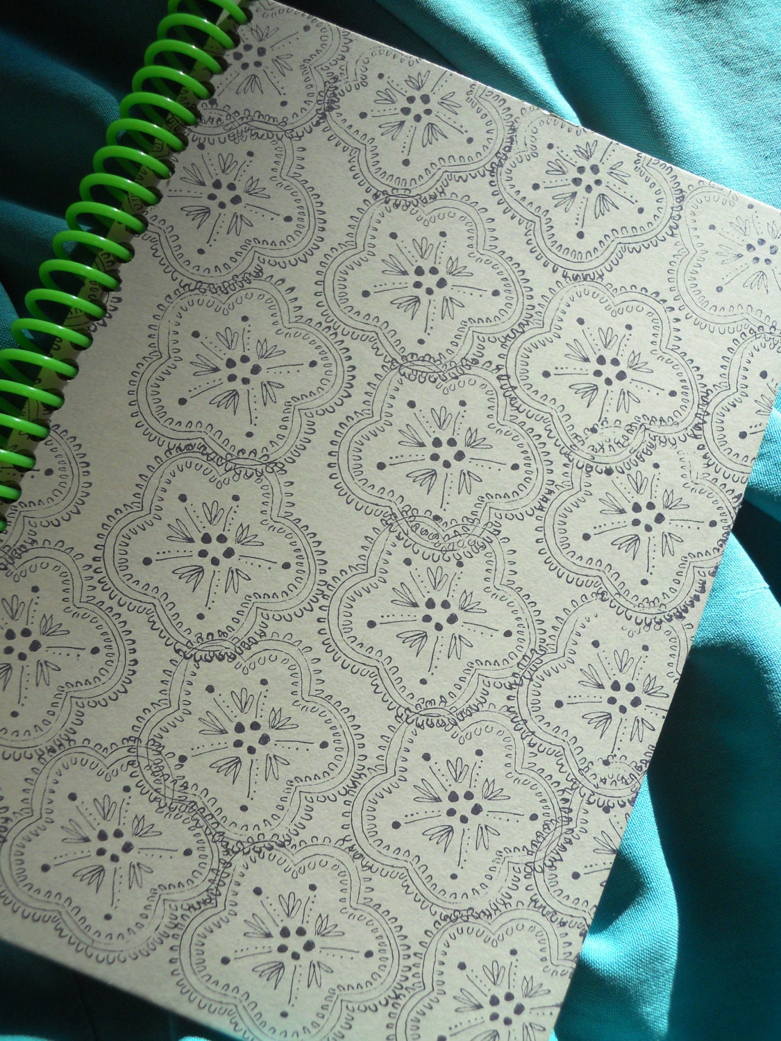Medium (5x7) Note / Sketch Book - Black & White Stamped Cover w/Green Coil - Recycled Materials