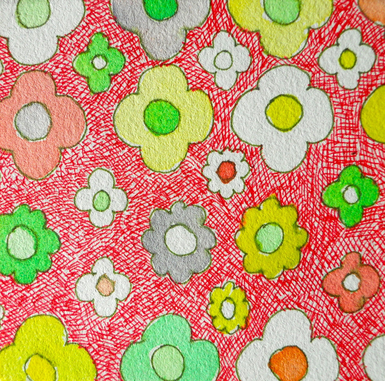 Flower Power, Vintage Inspired Flower Drawing on Square Wooden Block, "Savor the Threads" series, 2010
