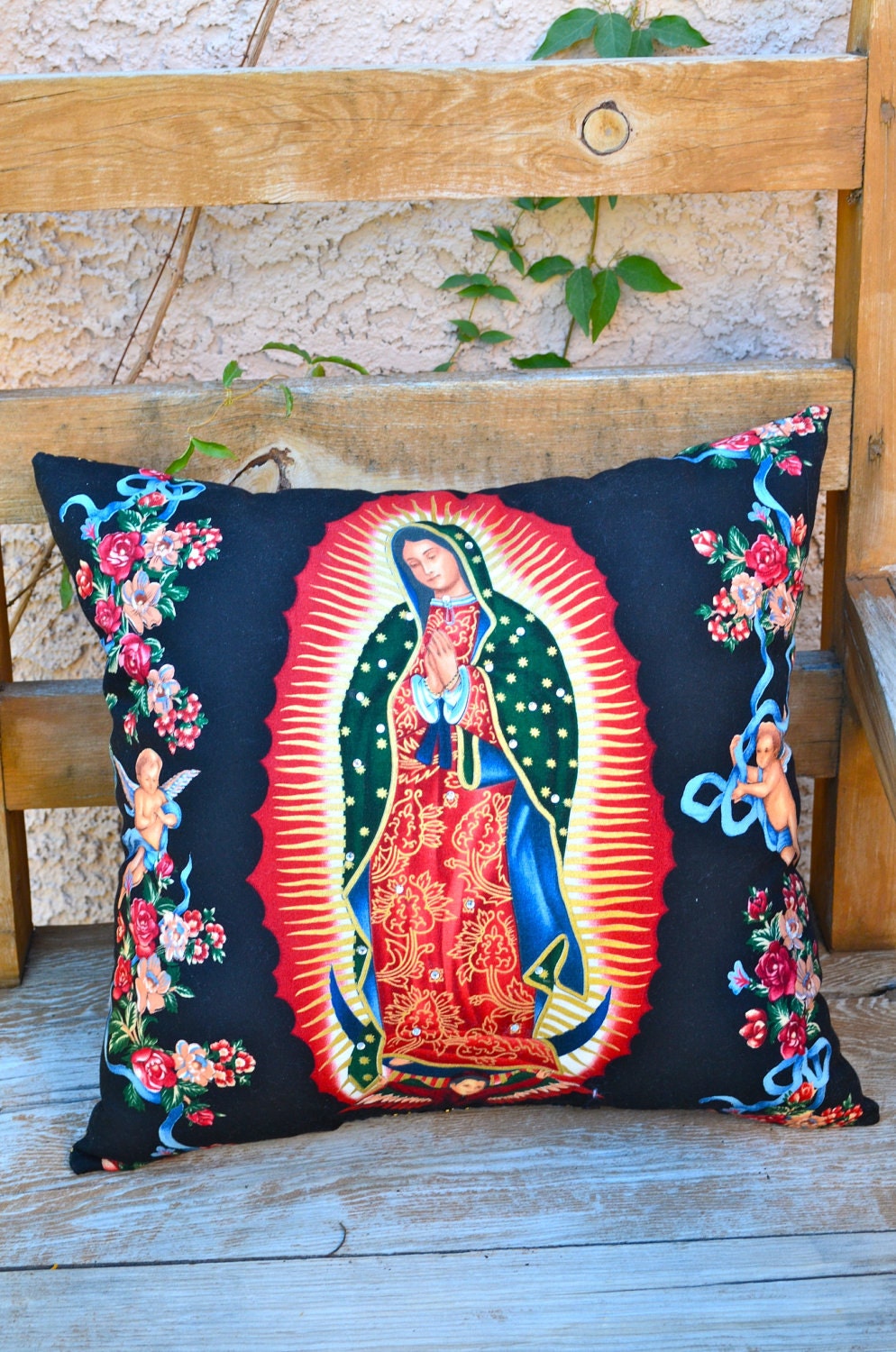 Virgen de Guadalupe Very Colorful Religious Pillow16 x 15...Pretty Little Pocket in Back with Rosary