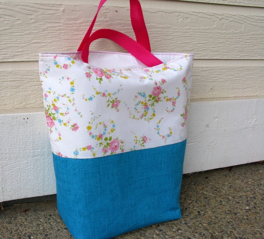 Tote Bag, Floral and Blue, Repurposed Pillowcase