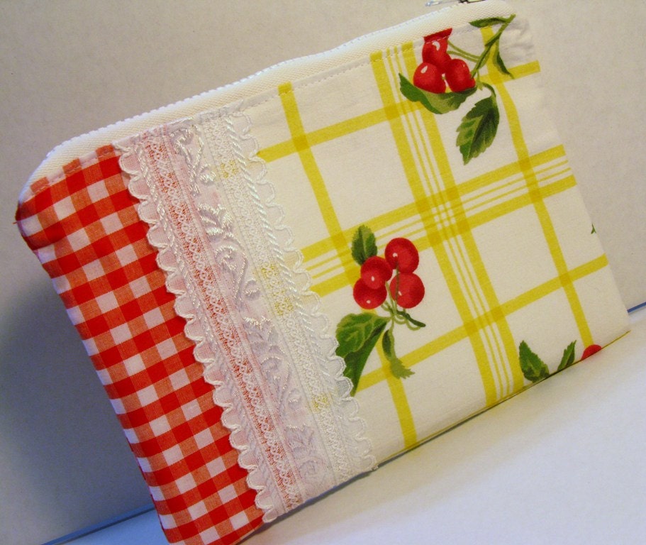 Zip Pouch, Gingham, Lace, and Cherries