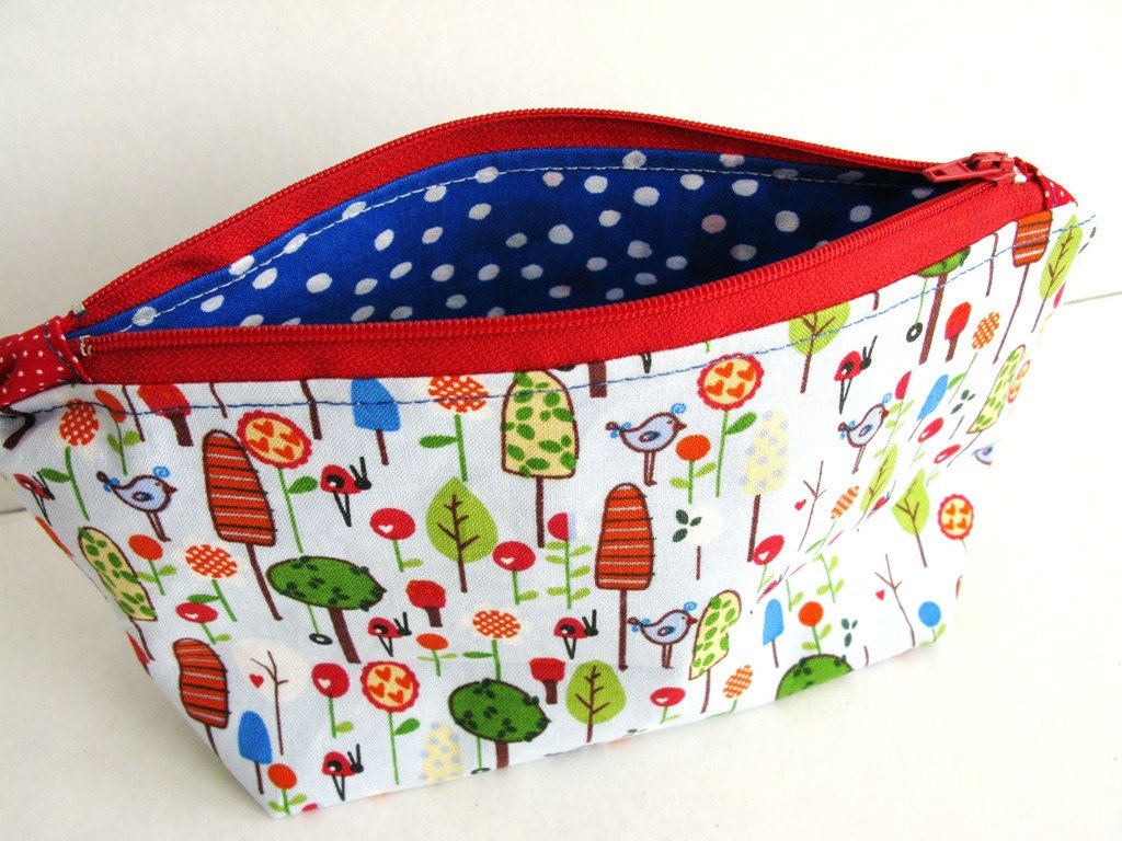 Cotton Zip Pouch, Birds and Trees