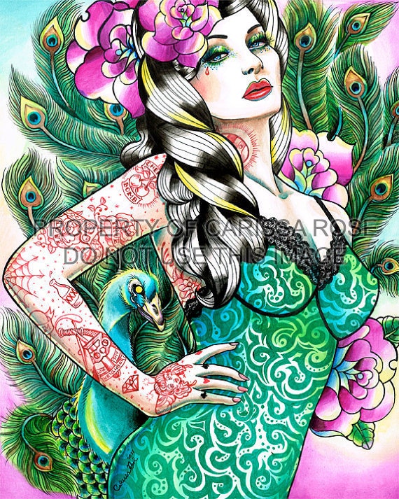 Peacock Pin Up Girl with Old school tattoo flash inspired tattoos By Carissa Rose 8x10